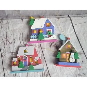 Lillian Vernon Christmas House Wooden Ornaments Set Of 3 1986 Vintage